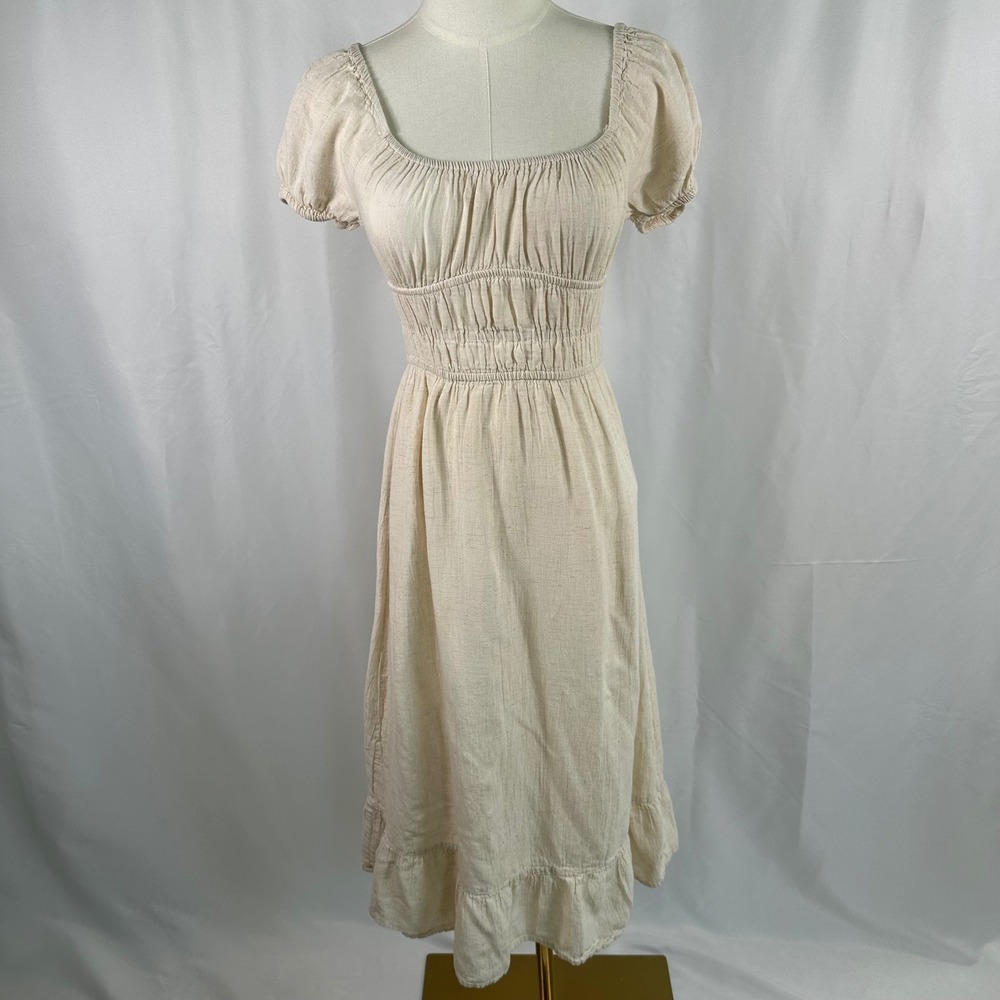 Sim & Sam Dress Womens S Beige Rayon Linen Blend Square Neck Smocked Puff Sleeve